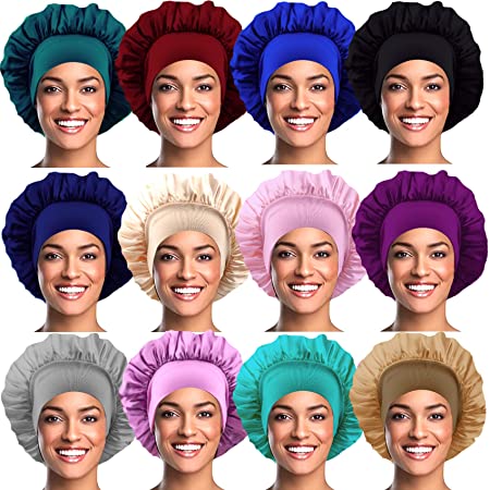 12 Packs Satin Bonnet Sleep Cap for Women Wide Elastic Band Satin Bonnet Hat Large Soft Night Sleeping Cap Head Cover Satin Cap Sleeping Hair Bonnet for Women Long Curly Natural Hair Braids