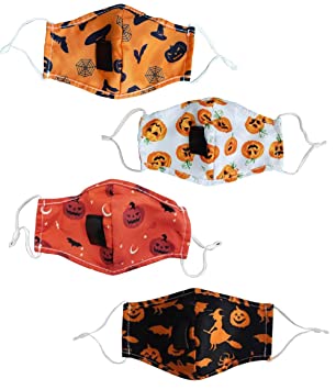 4 Pack Reusable Cloth Face Masks with Straw Hole (Halloween)