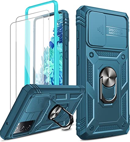 LeYi for Samsung Galaxy S20 FE 5G Case and 2 Tempered Glass Screen Protector with Slide Door Vitre, Magnetic Ring Holder Full Body Protective Heavy Duty Shockproof Tough Hard Armour Phone Case for Men,Sea Blue