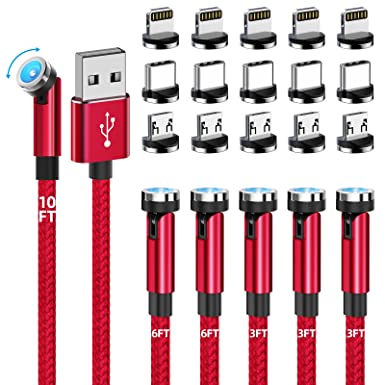 Magnetic Charging Cable, 540° Rotating Magnetic Phone Charger [6-Pack, 3ft/3ft/3ft/6ft/6ft/10ft] 3 in 1 Magnetic Charger Cable Nylon Braided Magnetic USB Cable for iPhone/Micro USB/Type C Device-Red