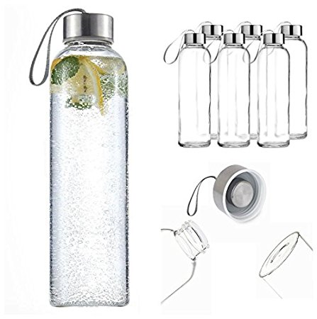 Pack Of 6 Sport Glass Beverage Water Bottle 500ml With Carrying Loop BPA-Free Portable Eco-Friendly Bottle Leak-proof Stylish Portable Water Bottles HTUK®