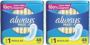 Always Maxi Feminine Pads for Women, Size 1 Regular Absorbency, Without Wings, Unscented, 48 Count (Pack of 2)