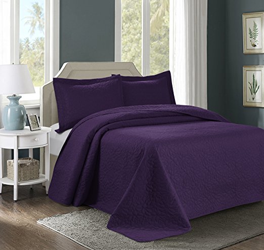 HIG 3 Piece TINOS Ultrasonic Embossed Bedspread Set-Oversized Coverlet 100x106in, 118x106in (Queen, Purple)