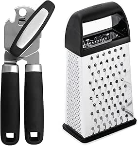 Gorilla Grip Manual Can Opener and Box Grater, Can Opener Includes Built In Bottle Opener, Box Grater Includes Detachable Container, Both in Black Color, 2 Item Bundle