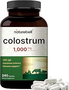 NatureBell Colostrum 1,000mg Per Serving, 240 Capsules | Mother’s First Milk from Grass Fed Bovine – 40% IgG Immunoglobulins – Muscle, Immune, & Gut Health Supplement – Non-GMO