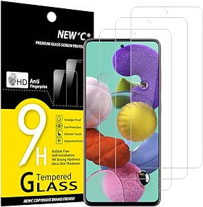 NEW'C 3 Piezas, Protector Pantalla para Samsung Galaxy A51, Cristal templado Antiarañazos, Antihuellas, Sin Burbujas, Dureza 9H, 0.33 mm Ultra Transparente, Ultra Resistente