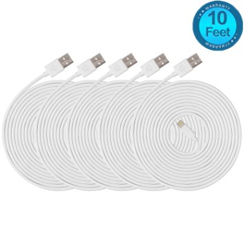 Oudio® 10 Feet / 3 Meter [ Heavy Duty ] Extra Long Lightning to USB Cable for iPhone iPad and iPod（5 Pack）