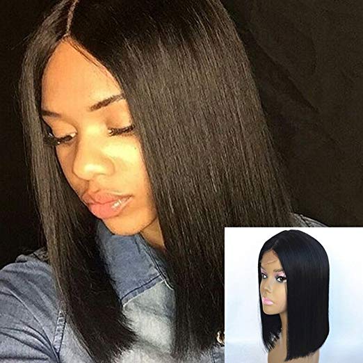 JYL Hair Brazilian Virgin Straight Shoulder Length Short Bob Wigs for Woman Middle Part Remy Human Hair Machine Made with A Little Lace in the Middle Glueless Wig