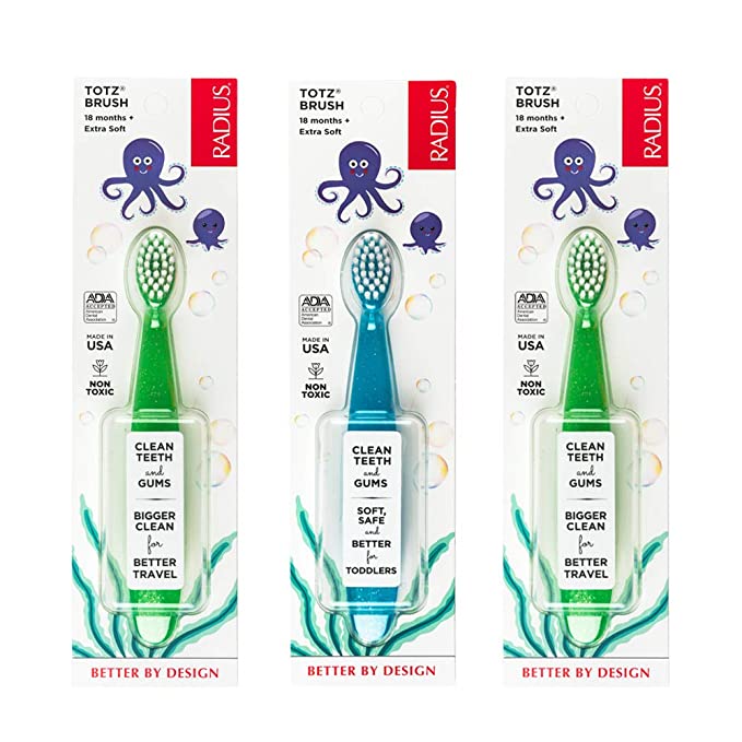 RADIUS Toddler Toothbrush Totz Brush, Extra Soft - 3 Pack in Green and Blue Sparkle, BPA Free and ADA Accepted, Designed for Delicate Teeth and Gums, For Children 18 Months and Up