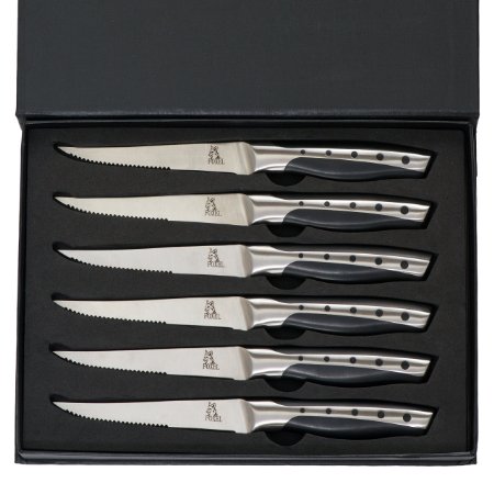 Steak Knife Gift Box Set 6 Piece Stainless Steel Serrated Black Silver
