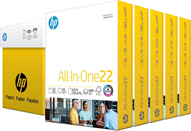 HP Printer Paper 8.5x11 AllInOne 22 lb 5 Ream Case 2500 Sheets 96 Bright Made in USA FSC Certified Copy Paper HP Compatible 207000C