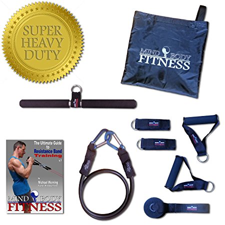 Mind Body Fitness Resistance Bands Accessory Kit / Expansion Pack - 9pc Home Gym (Heavy Duty Black Band w/ Premium Clips, Exercise Bar, Handles, Ankle Straps, Door Anchor, Carry Bag   FREE eBook)