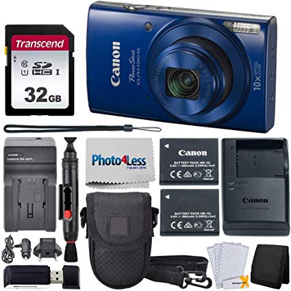 Canon PowerShot ELPH 190 Digital Camera (Blue)   Point & Shoot Camera Case   Transcend 32GB SD Memory Card   Extra Battery & Worldwide Travel Charger   Top Value Accessory Bundle!