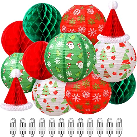 12 Pieces Christmas Party Paper Lanterns with 12 LED Paper Lantern Light, Red Green White Paper Lanterns Honeycomb Balls Honeycomb Santa Hat Hanging Party Lanterns for Christmas Decoration Favor