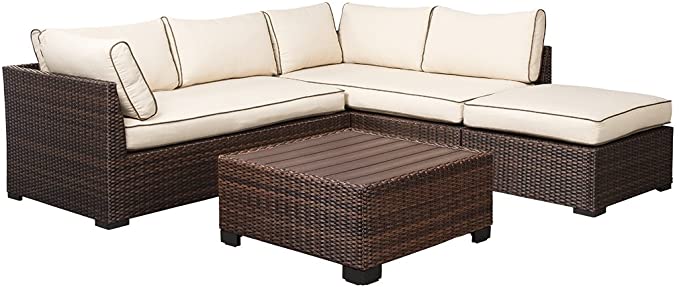 Ashley Furniture Signature Design - Loughran Outdoor Sectional Set - Loveseat Sectional, Ottoman & Cocktail Table - Beige & Brown