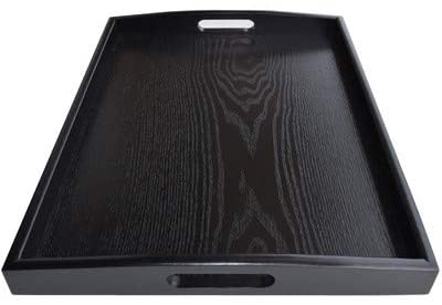 [HANLINO Premium Quality] Black Wooden Tray Ottoman Tray Butler Tray Breakfast Tray Serving Tray Black Wood Tray with Handle 17.7”x13.8”x1.6” (LARGE)
