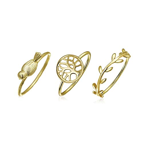 Delicate Mother Earth Dove Bird Tree Of Life Leaf Stackable Knuckle Midi Ring Set For Women 14K Gold Plated Sterling