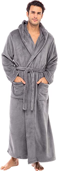 Alexander Del Rossa Men’s Full Length Hooded Fleece Bathrobe Solid Colors