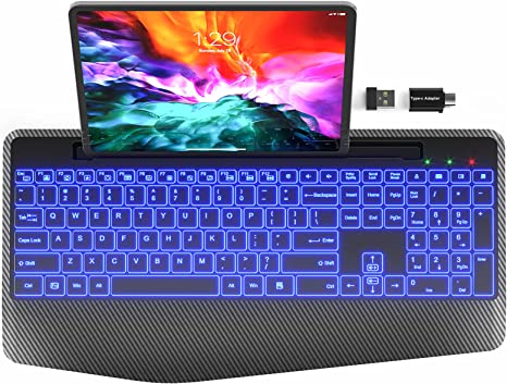 SABLUTE Wireless Keyboard with 7 Colored Backlits, 2.4G Ergonomic Computer Keyboard with Wrist Rest, Rechargeable USB/Type C Port Full Size with Silent Keys/Phone Holder for MacBook, PC, Laptop