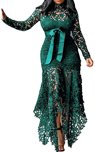 VERWIN Hollow Floor-Length Lace-Up Asymmetrical Women's Maxi Dress Sexy Lace Dress Party Evening Dress
