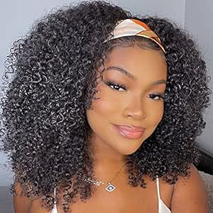 ISEE Hair Afro Kinky Curly Headband Wig Human Hair 180% Density Afro Wigs for Black Women Natural Curls 10A Glueless Human Hair Wigs (20 Inch)