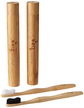 Bamboo Toothbrush Set with Travel Case | Pack of 2 Biodegradable Tooth Brush Set | Organic Eco-Friendly Moso Bamboo with Ergonomic Handles and Medium Nylon Bristles | By Hello Eco Company