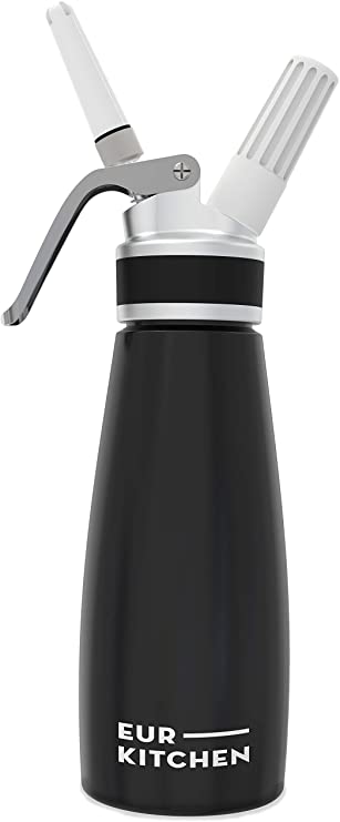 EurKitchen Professional Whipped Cream Dispenser w/Leak-Free Reinforced Aluminum Threads for Max Durability and Safety - 1-Pint Cream Whipper Matte Black, Brushed Aluminum
