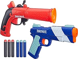 Nerf Fortnite Dual Pack includes 2 Fortnite Blasters, Flint-Knock Dart Blaster, LP Dart Blaster, and 6 Nerf Elite Foam Darts