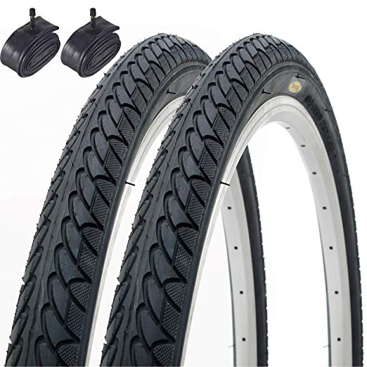Pair of Fincci Slick Road Mountain Hybrid Bike Bicycle Tyres 26 x 1.95 53-559 and Schrader Inner Tubes with 2.5mm Antipuncture Protection
