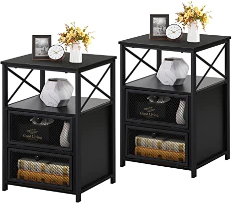 VECELO Modern Night Stand End Side Table with Storage Space and Door, Nightstands with Flip Drawers for Living Room,Bedroom,Lounge,Set of 2, 2 Set, Antique Black