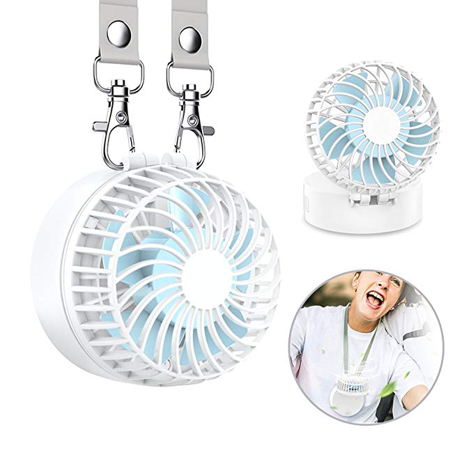 EasyAcc Handheld Necklace Fan Mini Portable Outdoor Fan with 2600 mAh Rechargeable Battery 6-18 Working Hours Palm-sized and 3 Setting 180° Rotating Adjustment for Home and Travel – White