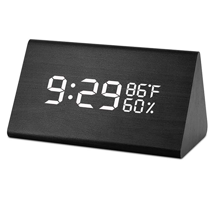 Wooden Digital Alarm Clock, Acoustic Control Digital LED Alarm Clock 3 Levels Adjustable Brightnesswith Time Temperature and Humidity