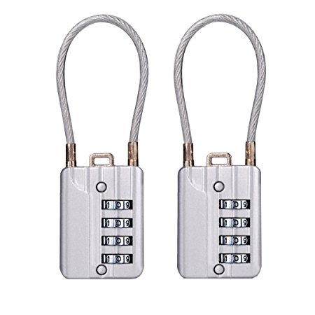 SEPOX Resettable Combination Travel Lock, 4 Digit Cable Lock for Suitcase, Travel Bag, and Gym Lockers, Filing Cabinets, Toolbox, Case, —Silver Pack of 2