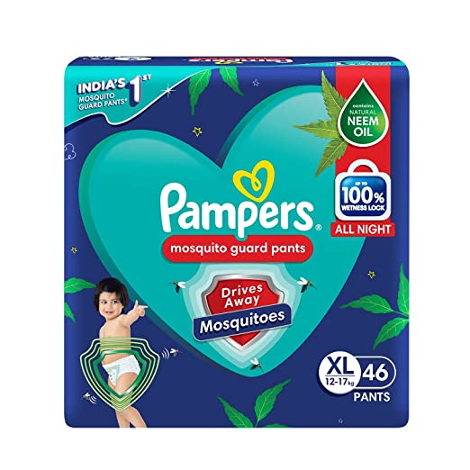 Pampers Mosquito Guard Pants – Extra Large size baby diapers (XL), 46 Count, India’s 1st Mosquito guard diapers, Contains Natural neem oil