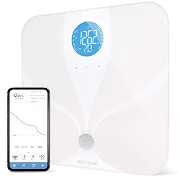 WiFi Smart Connected Body Fat Bathroom Scale by Weight Gurus, Backlit LCD, ITO Conductive Surface Technology, Accurate Precision Health Alerts, Measurements, and Monitoring (White 2019)