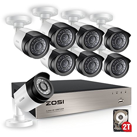 ZOSI FULL 1080P HD-TVI Video Color Security System 8 Channel DVR Reorder w/ 8x2.0 Megapixel 1080P Weatherproof Indoor outdoor Bullet Cameras 2TB Hard Drive Smartphone& PC Easy Remote Access