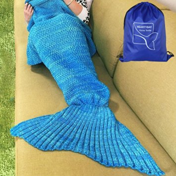 Heartybay Crochet Mermaid Tail Blanket for Adult, Super Soft All Seasons Sleeping Mermaid Blanket (71"x35.5") - Blue