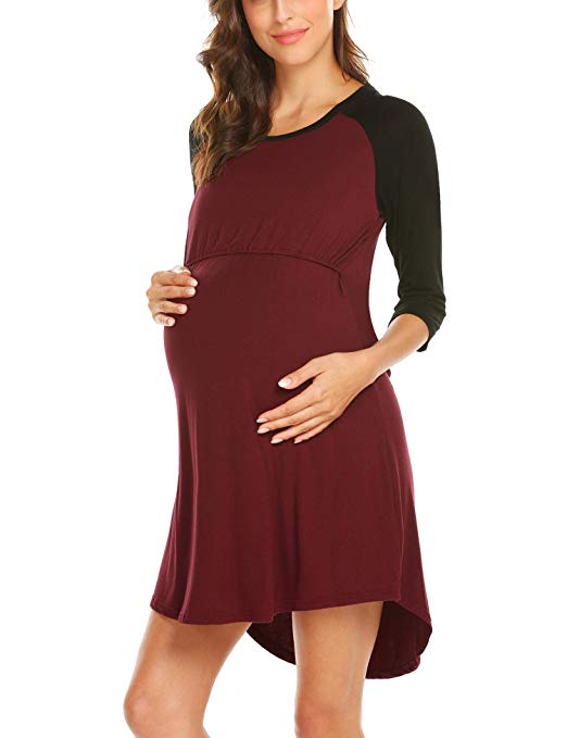Goldenfox Womens Soft Maternity 3/4 Sleeve Nightgown Contrast Color Nursing Pajama Dresses S-XXL