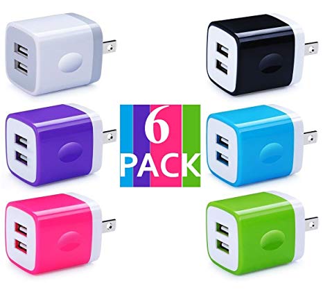 Certified Dual 2.1A 2-Port Easy Grip USB Power Adapter Wall Block Cube Charger (HOLIDAY SPECIAL) for iPhone X 8 iPhone 7 6/6S Plus, 5S, iPad Pro, Galaxy S7, S6 Edge Plus, S5, Nexus, HTC & More(6-Pack)