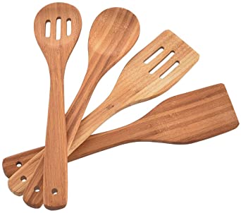 VCCUCINE Premium Durable Hard Wooden Spoons Bamboo Draining Kitchen Utensils Set, Wooden Spatulas for Nonstick Cookware Kitchen Tools 4 Piece Set Cooking Utensils