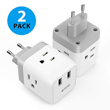 European Travel Plug Adapter, TROND 5 in 1 US to EU Power Adapter with 2 USB Ports and 3 American Outlets, for Germany France Italy Spain Greece Israel, Type C, White, 2-Pack