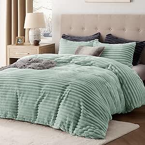 Bedsure Fluffy Comforter Cover Set - Ultra Soft Plush Shaggy Duvet Cover Queen Size, Warm Flannel Fleece Bed Sets for Winter, 3 Pieces, 1 Duvet Cover 2 Pillowcases (Striped Pattern, Sage Green)