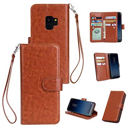 Ranyi Galaxy S9 Case, Premium Leather Flip Wallet [9 Card Slots/Holder] [with Hand Strap] Shock Absorbing Magnetic Flip Folio Wallet Protective Case for Samsung Galaxy S9 5.8" (2018), Brown