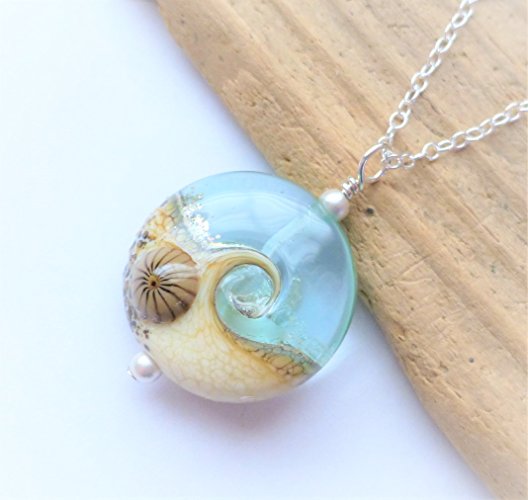 Clear Lampwork Wave Necklace, Beach Jewelry, Ocean Glass Necklace, Sterling Silver