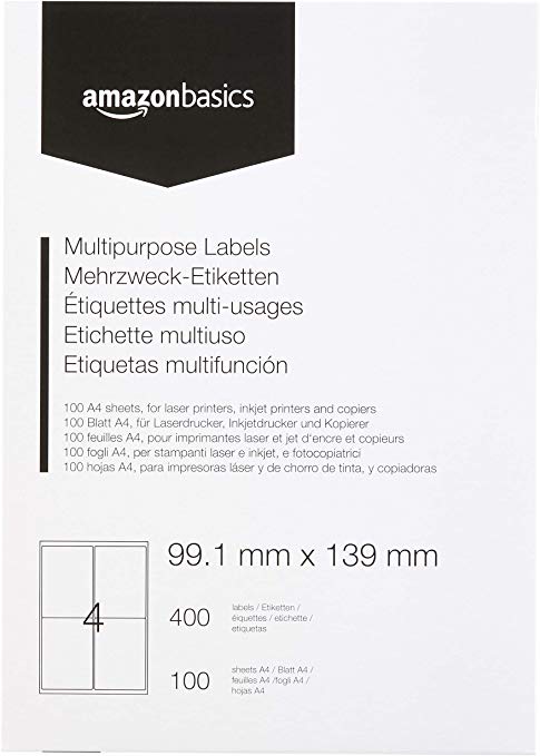 AmazonBasics Multipurpose Address Labels, 99.1mm x 139 mm, 100 Sheets, 4 Label per Sheet, 400 Labels