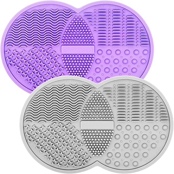 Makeup Brush Cleaning Mat, Silicone Makeup Brush Scrubber, Makeup Brush Cleaner Pad, Cosmetic Brush Cleaner, Brush Cleaning Pad, Suitable for Makeup Brush, Makeup Sponge, Powder Puff (Purple&Gray)