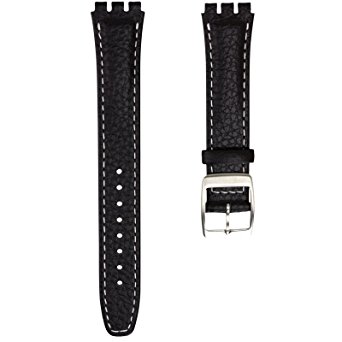 Geckota Genuine Leather Watch Band Deisgned for Swatch Watch, Black with White Stitch, 17mm
