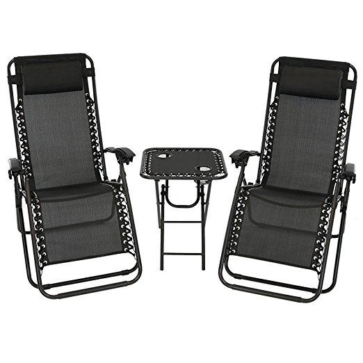 3 pcs Set Deluxe 2-Pack Zero Gravity Chairs & Folding Table w/ Cup Holder Set (3 pcs set) (Pure-Black)