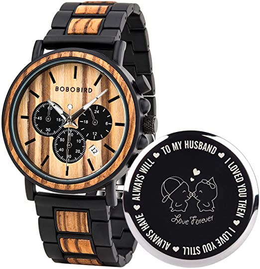 BOBO BIRD Mens Personalized Engraved Wooden Watches, Stylish Wood & Stainless Steel Combined Quartz Casual Wristwatches for Men Family Friends Customized Watch
