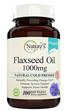 Nature's Potent 100% ORGANIC Flaxseed Oil 1000Mg, Natural Cold Pressed, Omegas 3-6-9 for Cardiovascular Health & Immune Support, Promotes Healthy Skin, Nails & Hair (100 Softgels)